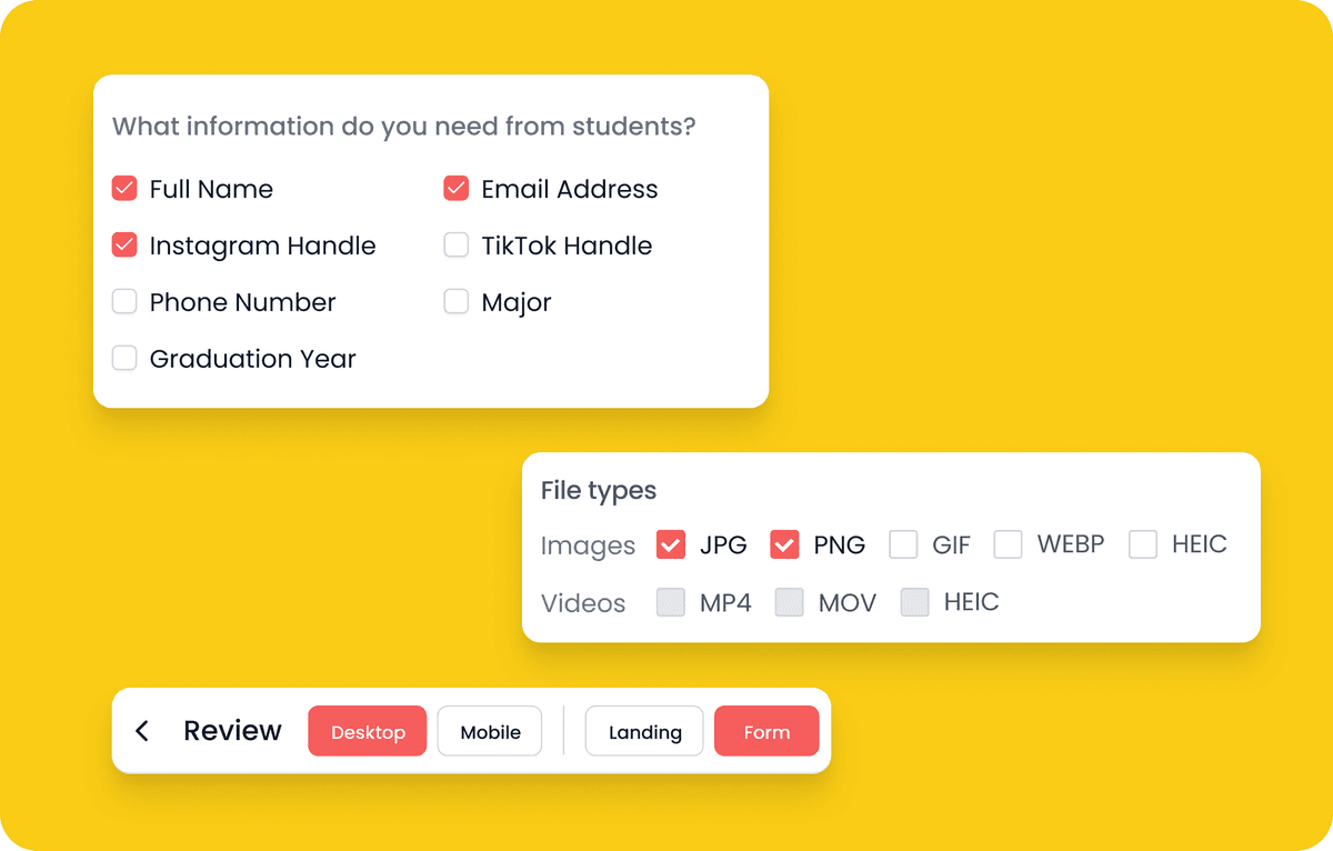 Custom submission form builder with student information fields